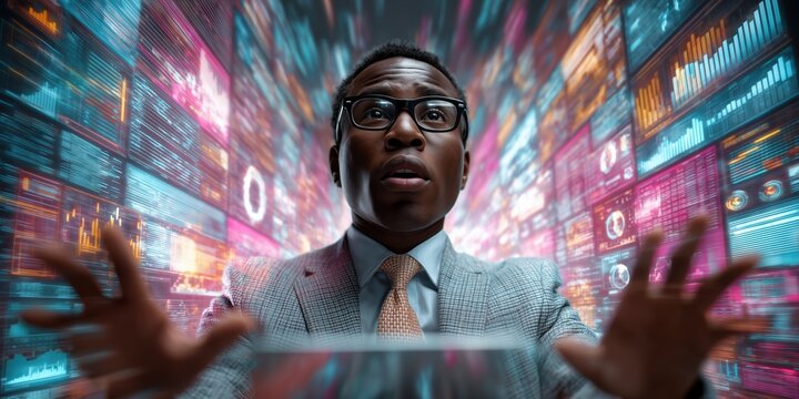 Amazed Man in Suit Surrounded by Holographic Data Panels and Analytics Visuals