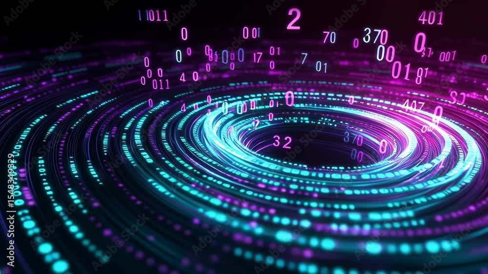 Poster colorful digital swirl with glowing binary code representing data flow and technology in a futuristi