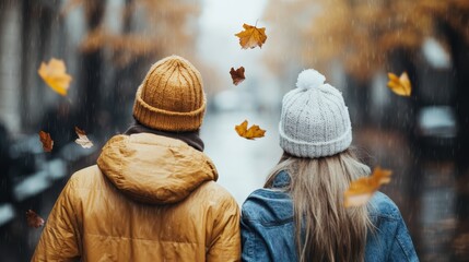A beautiful scene of a couple walking closely together under a gentle rain, with autumn leaves falling around them, encapsulating the intimacy and romance of love in nature.