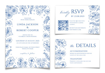Wedding Invitations Set in Blue Floral Toile Style