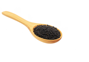 Spoon filled with tiny dark seeds displayed against a solid contrasting surface view from above on transparent background
