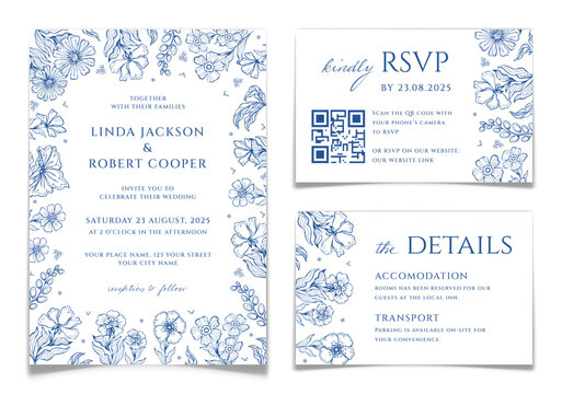 Wedding Invitations Set in Blue Floral Toile Style