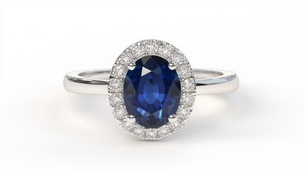 A luxurious white gold ring features an oval deep blue gemstone framed with a halo of glistening diamonds, reflecting sophistication