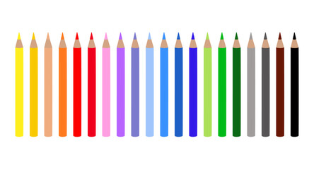 Coloured pencils with sharp tips arranged in line, school accessory simple hand drawn illustration, stationary object back to school concept image, painting material, tool for hobby, craft, drawing