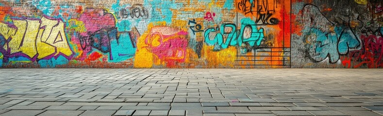Fototapeta premium Graffiti-covered wall and paved floor