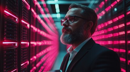 Fototapeta premium A contemplative man in business attire stands in a server room illuminated by vibrant neon lights, symbolizing technology, innovation, and the modern digital landscape.