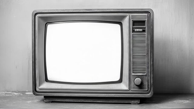 Old television set stands against a gray wall in monotone
