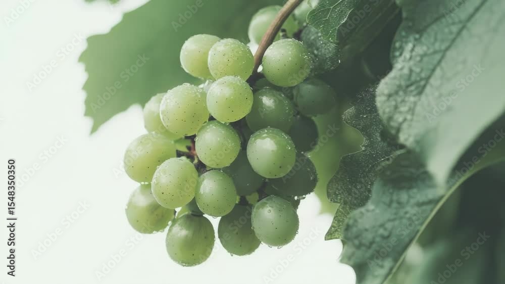 Poster fresh green grapes hanging from a tree branch in a rustic setting, perfect for food or nature photog
