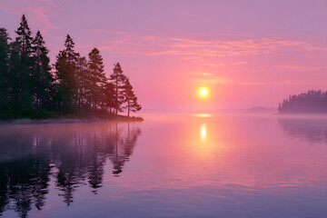 Pink Sunrise over Calm Lake with Silhouetted Trees