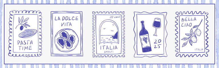 Summer Italy stamp frames dolce vita. Vintage Amalfi coastal postcard with lemons, pasta, wine, oyster and olive. Hand drawn vector crayon Mediterranean sea wall art, travel illustration in blue color
