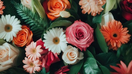 A stunning arrangement of colorful flowers creates a vibrant display of nature's beauty, showcasing various blooms and greens in a harmonious composition.