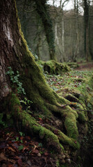 Ancient mossy tree roots in a dark forest
