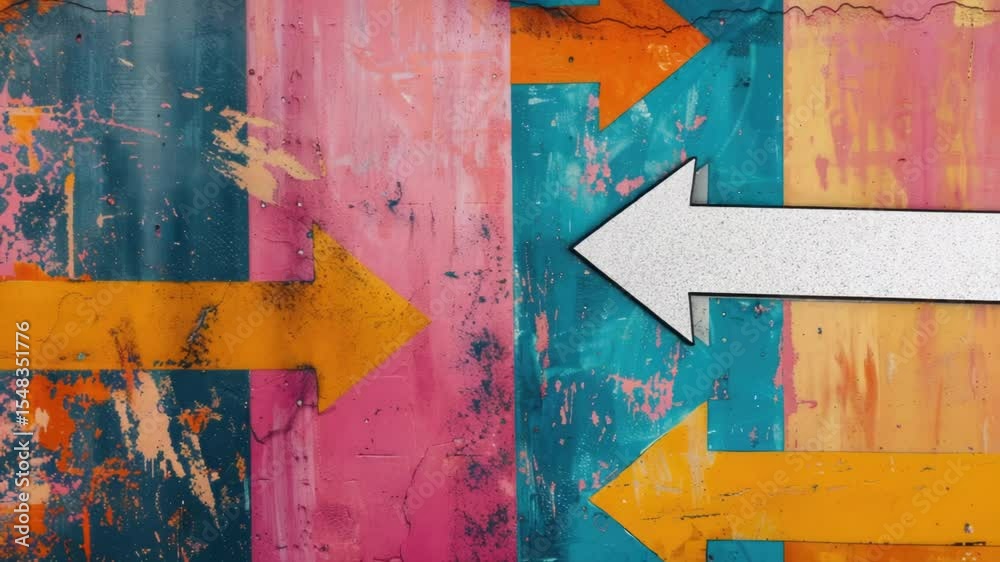 Poster a brightly colored wall with arrows pointing in various directions, great for emphasizing choices or