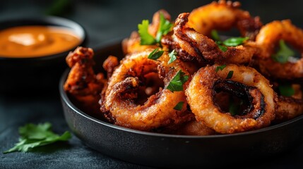 Fototapeta premium A mouthwatering dish of crispy fried calamari rings served with a tangy dipping sauce, perfect for sharing at gatherings or enjoying as a delectable appetizer.