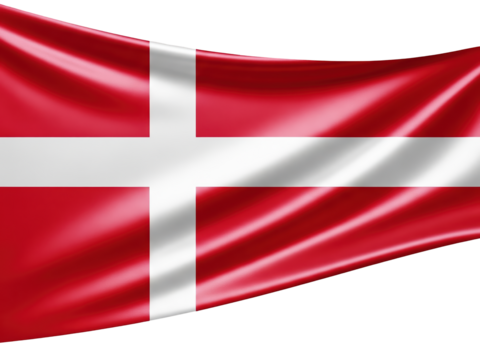 Top-down view of a badly creased silk flag of denmark on a transparent background.