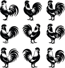 Crowing Rooster Silhouette Collection – Morning Farm Icons Rooster Crowing Icon Silhouette Set – Farm Animal Vector Pack