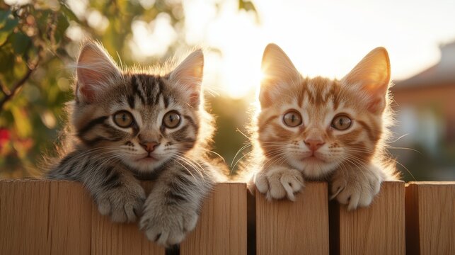 The heartwarming image of two cats, one striped and one ginger, resting together on a wooden fence as the sun sets, creating a serene and picturesque moment of companionship.