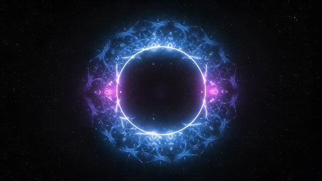 Abstract Cosmic Animation Featuring a Central Black Circle Surrounded by Glowing Blue and Violet Fractal Patterns Against a Backdrop of Twinkling Stars