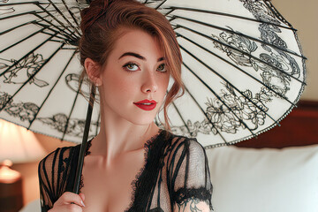 Vintage Glamour Portrait with Lace Dress and Parasol