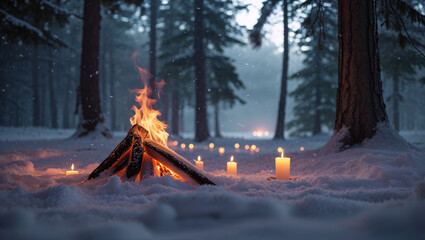 Campfire in a Snowy Forest with Candlelight