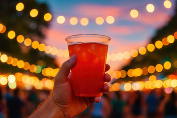 Hand holding a plastic cup of beer at festival with blurred lights in background