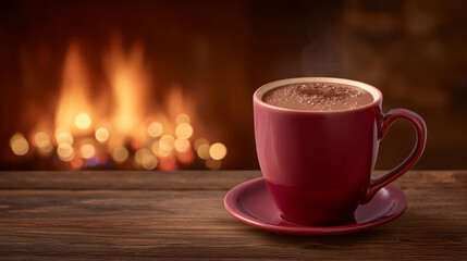 Fototapeta premium Cup of coffee placed on rustic wooden table next to warm flickering fireplace. Cozy setting invites feelings of comfort and relaxation. Concept of coffee shops, home decor, winter ambiance