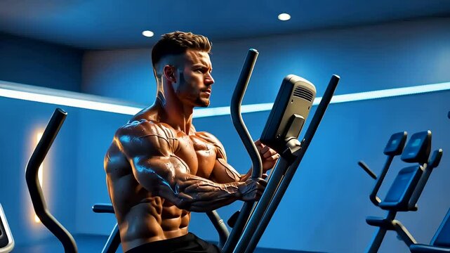 Muscular Man Working Out on Stationary Bike in Blue Neon Lit Gym Environment