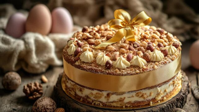 This Easter cake is a delicious dessert featuring chocolate chips and a golden bow on top. It's beautifully decorated and perfect for celebrating holidays and special occasions.