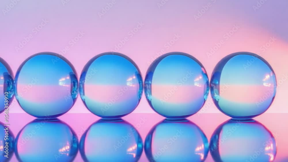 Poster A collection of transparent spheres sit on a flat surface, creating a visually interesting arrangement