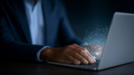 Businessman using laptop with antivirus pop-up for cybersecurity awareness