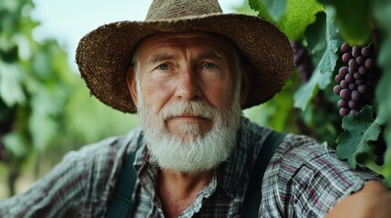 Fototapeta premium An elderly farmer with a weathered face poses thoughtfully among lush grapevines, embodying wisdom, hard work, and a deep connection to nature and agriculture.