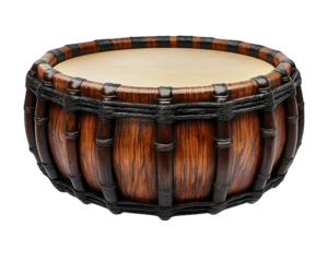 Wooden drum, tan surface, black bindings