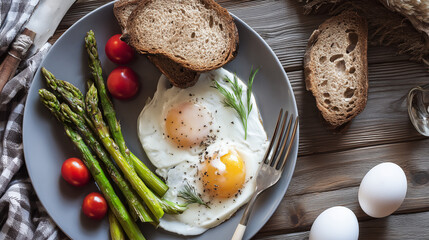 Fresh eggs and colorful vegetables arranged for a nutritious breakfast, celebrating wholesome morning meals.