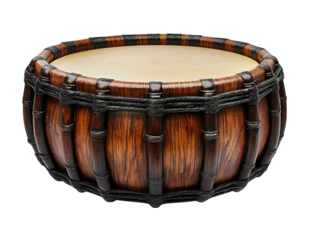 Wooden drum, tan surface, black bindings