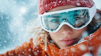 A close-up portrait of a ski adventurer, wearing a red beanie and goggles amid falling snowflakes, capturing the thrill and beauty of winter sports in a snowy landscape.