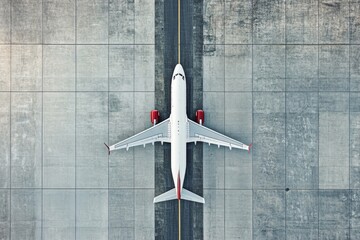 Overhead view of a white airplane on a gray tarmac