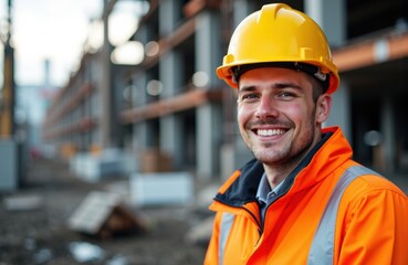 Confident male construction worker wearing a yellow helmet and orange safety vest at a building site