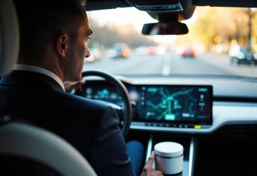 Businessman driving a modern car with a digital navigation system on the dashboard