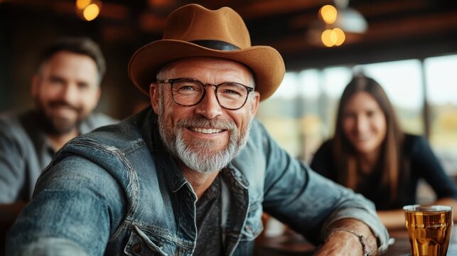 A cheerful older man with a gray beard and glasses, wearing a hat and denim jacket, radiates warmth and friendliness while enjoying a casual setting with friends.