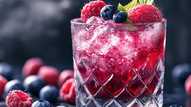 This vibrant drink features a mix of raspberries and blueberries, with ice cubes garnishing the top for a refreshing twist.