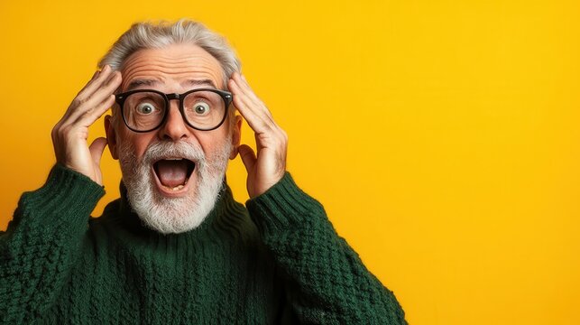 A senior man with gray hair and glasses shows a shocked expression against a bright yellow background, capturing the essence of surprise and the playful side of aging.