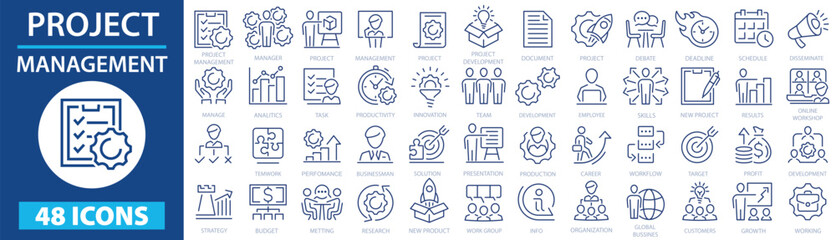 Project management 48 icon set. Business, organisation, planning, startup, marketing, collaboration, development, startup, management and more. Editable stroke. Vector illustration