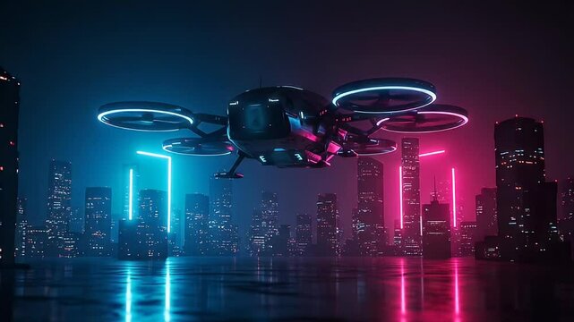 Drone Flies Over Futuristic Cityscape with Neon Lights Reflecting on a Shiny Ground at Night With Modern Architecture