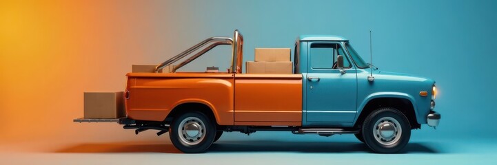 Small pickup truck with several cartons in its bed, pickup, small truck, local delivery