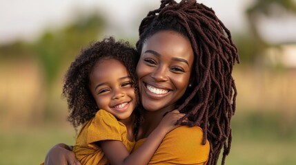 Fototapeta premium A joyful mother and daughter share a loving embrace, radiating happiness and connection, showcasing the beauty of family love and the bond between parent and child in nature.