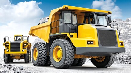 Heavy-duty yellow mining dump trucks operating in a quarry environment under a blue sky