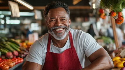 A warm smile from an experienced grocer in a bustling market, showcasing fresh produce while fostering a sense of community, health, and shared experience among customers.