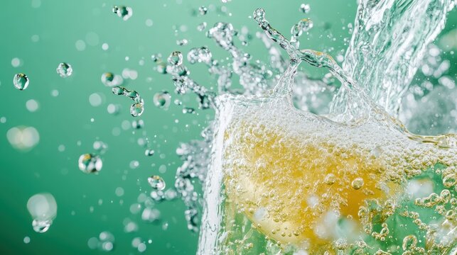 A dynamic image of carbonated bubbles bursting in a splash, with a soft green backdrop, emphasizing the refreshing and invigorating essence of soft drinks.