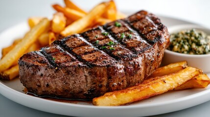 A delicious grilled steak served alongside crispy golden fries offers a mouthwatering visual feast that highlights culinary excellence and indulgence.