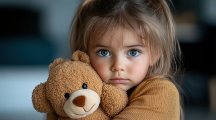 A tender moment captured as a young girl hugs her teddy bear tightly, portraying innocence and warmth that exemplifies childhood joy and emotional connection with toys.